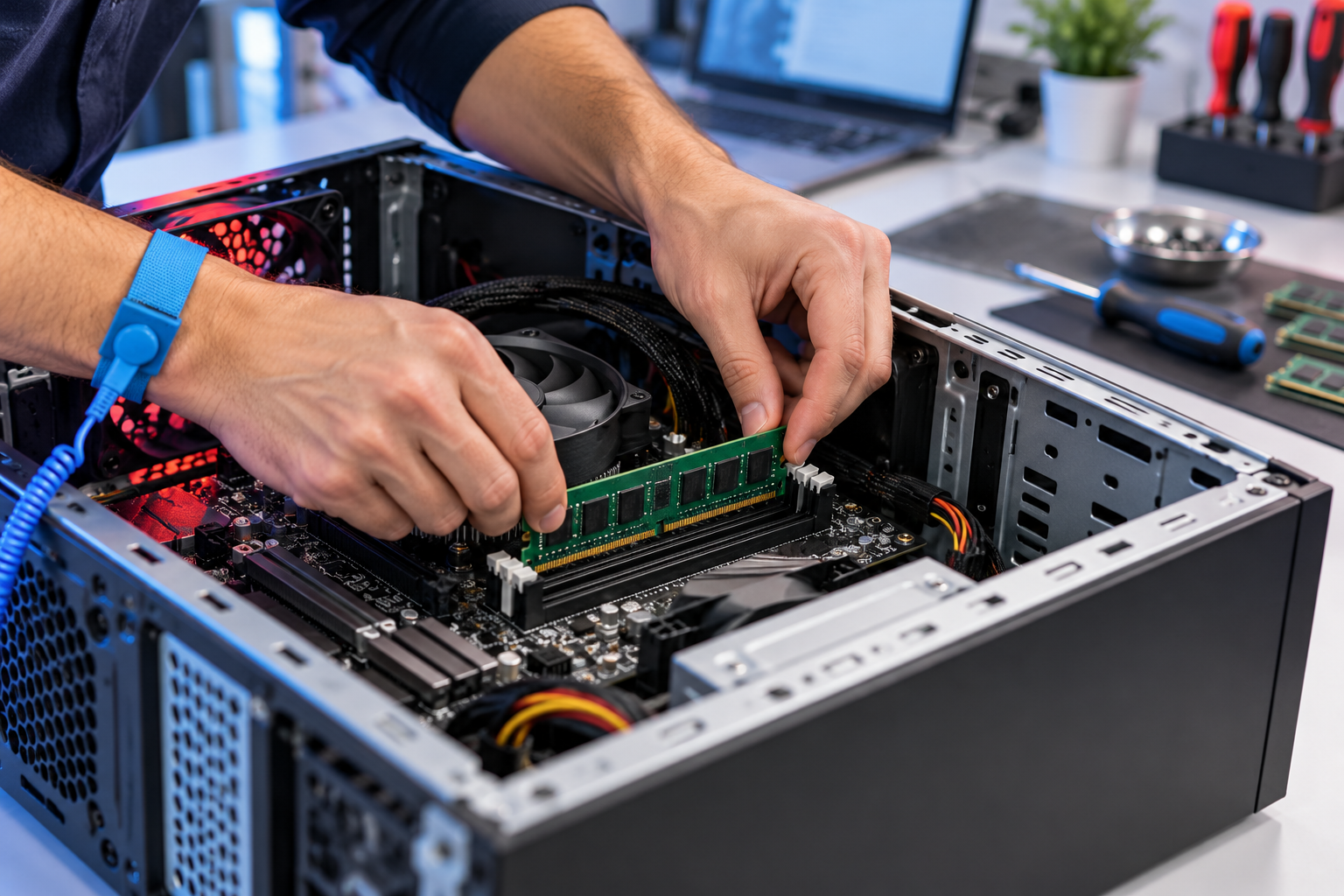 Illustrative technician installing memory in a desktop computer