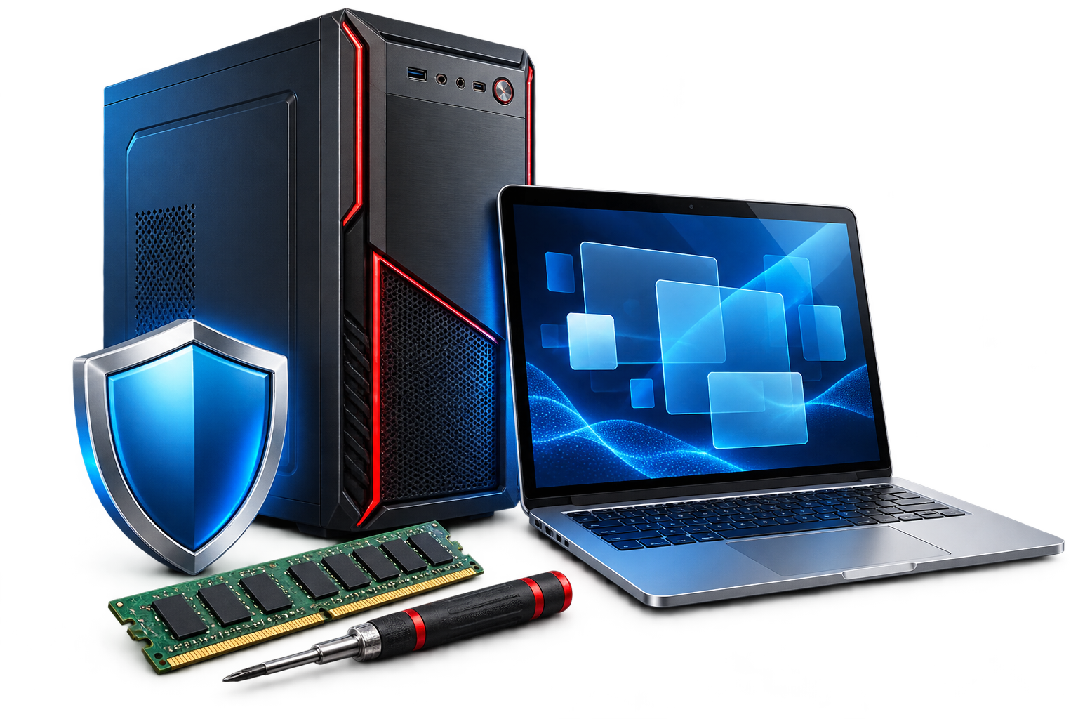 Illustrative desktop computer, laptop and upgrade components
