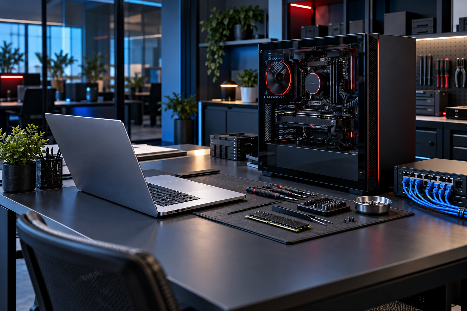 Illustrative professional IT workshop with a desktop PC, laptop and network equipment